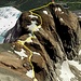 Der Scherbadung-Gipfelaufbau in 3D von Google. Meine Route ist gelb markiert und beginnt am Bildrand unterhalb des Felsriegels den auf 2995m über die Rinne überwindet. Die Ecken nach links sind Unten beim Sattel P.3022m und Oben bei der Kuppe P.3155m.