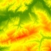 Auf dieser Höhenschichtenkarte lässt sich die Gebirgsform des Churzenberg gut erkennen. Abstufung von Dunkelgrün (600 m) über Gelb und Orange nach Dunkelrot (1200 m). Datengrundlage: Digitales Höhenmodell DHM25