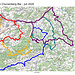 GPS-Tracks (mit LK50 in Hintergrund) der Velotouren im Churzenberg-Gebiet im Mai, Juni und Juli 2020.