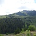 Die Aufstiegsroute: Von der Alp Winggelhütte Aufstieg zu Fuss Richtung NO über Grashänge (rechts vom Wald), dann auf 2000 m Traversierung zum Märenegg (oben links). Der weitere Weg zum Gipfel ist hier nicht sichtbar.