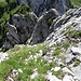 Der Abstieg von der Rüdigenspitze erfolgt entweder über die äusserst steile Grasflanke (Drahtseil) oder über den Grat (rechts). Weiter unten kommen die beiden Varianten wieder zusammen.