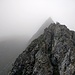 In der Scharte nach dem Chli Fulfirst, Blick zurück. Links der Kante im Hintergrund/Bildmitte liegt die Abstiegsrinne in den Wolken.