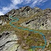 Aufstieg: vom Col du Sarshlau geht es auf Wegspuren aufwärts und danach auf einem kurzen Grasband nach links