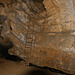Bruderloch: Eine Leiter am hinteren Ende der Eingangshalle leitet in dern oberen Bereich der Höhle. Hinten und unter den Felsen der Leiter fliesst der Höhlenbach durch.