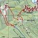 Unsere Zusatzschlaufen (rot): blau der gesperrte Weg nach Roveredo, gelb der nicht gefundene oder nicht mehr existierende Pfad nach Fontana