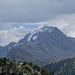 Blick von der Malga Funera zur Cima de' Piazzi; der Normalweg von Norden führt direkt über den Eis-/Felspfeiler, der vom Gipfel mittig nach links unten zieht (ca. PD).