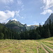 Unterwegs auf der Wielka Polana Małołącka - Rückblick über die große Wiese. Links ist das Giewont-Massiv zu sehen, rechts die Wielka Turnia Małołącka. In Bildmitte ist die spitze Siodłowa Turnia zu erkennen, daneben der Siodło.