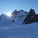 das letzte Sonnenlicht auf dem Jungfraujoch; gleich wird sie hinter dem Rottalsattel verschwinden