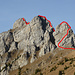 Blick zurück von Oberste Gurbs: von links der Routenverlauf über den 1. und den 2. Aufschwung und den Gipfelturm