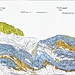 Gebirgsbau der Alviergruppe. Die Gipfelköpfe von Alvier und Gauschla bestehen aus Kieselkalk, die Gonzen- und Tschugga-Schuppe bestehen aus Quintner- oder Malmkalk (Ausschnitt der photogrammetrischen Aufnahmen von Robert Helbling vom Seeztal aus, 1938) 