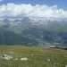 Blick auf Albulapass, im Hintergrund Piz Blaisun und Piz Kesch, im Tal unten La Punt