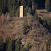 Blick auf die in der Sonne stehende Ruina Cagliatscha (1182m). Über die Höhenburg fehlen Urkundliche Belege über die Entstehung vollständig. Als Erbauer anzunehmen ist ein lokales Geschlecht von Ministerialen der Freiherren von Vaz (1135-1338) oder unter Umständen die angesehene Schamser Familie Panigad. Untersuchung eines Lärchenbalkens ergab eine Erbauungszeit um das Jahr 1265.