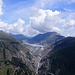 Trauriger Ausblick vom Hotel Belalp auf die zurückgeschmolzene Zunge des Grossen Aletschgletschers