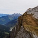 Abstieg zum Mürli vom Plattenberg. Nach dem tiefsten Punkt bin ich über die im Bild etwas hellere Grasmulde zum Schuttfeld aufgestiegen. Dort findet man mit Glück eine Markierung, die den Einstieg auf den Grat markiert.