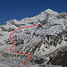 Abfahrt von Schwarzsee zur Stafelalp: unten das Vorfeld des Zmuttgletschers, rot die Aufstiegsroute über dessen N Moräne, Hohle Bielen und Hohwänggletscher Richtung Col Durand. Links Schönbielhorn, rechts der Mitte über der Pointe de Zinal die Dent Blanche, rechts das Äbihorn