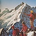 Super Aussicht vom Piz Morteratsch auf den Biancograt in der üblichen Ausrüstung und im Look der 70-er Jahre (Holzpickel, schmiedeiserne Steigeisen, Raichle-Lederschuhe, Knickerbocker-Hosen und rote Kniesocken; Foto L. Gensetter, Davos, in: Walter Schmid, Unsere Viertausender, 1972). Angeseilt wurde ohne Gstältli direkt ins Seil