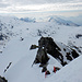 Rückblick vom Gipfel des Monte Prosa zum Skidepot sowie den drei nächsten Gipfelzielen der Skitour.