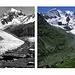Massiver Gletscherschwund am Tschiervagletscher zwischen 1880 (Foto Alpines Museum) und 2004 (Foto: Jürg Alean; swisseduc.ch - glaciers online. Aufnahmestandort bei der Alphütte von Margun da l'Ota 2257m)