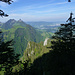 Allenthalben Waldesrauschen: Blick vom Grat Richtung Pointe sur le Roc zurück zur Pointe des Chambres (links), Dent Bêche (rechts) und Brenloz (verdeckt hinter den Tannen). Unten der Lac de Montsalvens, Broc, Bulle und Le Pâquier, darüber Les Alpettes und Le Niremont