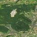 Der Steinbruch Gabenchopf auf dem Satellitenbild. Auch das Förderband vom Gabenchopf hinunter zur Aare und zur Holcim ist gut erkennbar.
