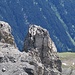 Der Amselturm im Zoom, links der normale Aufstieg (WS), rechts der Thut-Riss (S)