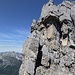 Die ausgesetzte Abstiegsrinne SE vom Gipfelturm. Links über der Grimmialp das Seehore