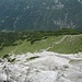 Abstieg über die Felsen, der Kette nach links folgend. Gleich geht es an der Schlüsselstelle steil hinunter. Danach quert man dann am Felsen nach rechts und anschließend im Bogen zu dem im Grashang sichtbaren Weg.