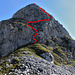 Schwieriger als es aussieht: rot der "Weg des geringsten Widerstands" durch die SW-Flanke und über den S-Grat der ersten Felsbastion des Sé Villemod