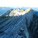 Meine Gipfelkette, aus der Seilbahn: Grauchopf, Grenzchopf, Grüenhorn und Silberplatten. 