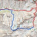 Tourenskizze (kein GPS!): Tag 1 = rot, Tag 2 = blau. Am Schnittpunkt von rot und blau die Lodnerhütte.