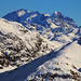 Zoom-Aussicht in oberen Aufstieg zum Chlin Hüreli auf die höchsten Bündner Piz Bernina (4048,6m), Piz Scerscen (3971m) und Piz Roseg (3937m).