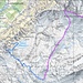 Kartenausschnitt 2, eingezeichnete Route:<br />violett: T4, unmarkiert über viel Geröll<br />blau: T3, weissrotweiss markiert.<br />