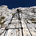 Im Aufstieg zum Jôf di Montasio - Ca. 60 Meter geht's nun annähernd senkrecht die Scala Pipan empor. Die Konstruktion wirkt relativ solide und wackelt weniger als (von uns) befürchtet. Parallel verläuft ein zusätzliches Stahlseil.