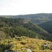 Blick vom Kipf nach Osten. Geradeaus erkennt man den Bergvorsprung mit dem zuvor besuchten Felsengelände Lachenfelsen/Hornfelsen. Das große Blockfeld ist davor in der Senke verborgen. Der offizielle Zugang zu den Felsen geht vom Fahrweg aus, den man links sehen kann, und der am Bergvorsprung eine Kehre macht.