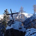 Auf dem Schafferkogel befindet sich ein winziges Gipfelkreuz auf einem Baumstamm.