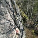 Die roten Markierungen umgehen den Felsenturm rechts. Ich versuche aber bei jedem Besuch wieder, direkt hinauf zu klettern, siehe nächstes Foto.