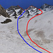 Zuunterst im WNW-Graben (wegen besserem Lichteinfall Aufnahme nach der Abfahrt): Aufstiegsroute durch das südliche WNW-Couloir (rot) und entlang dem SW-Grat (rot punktiert), und Abfahrtsroute durch das zentrale WNW-Couloir (blau)