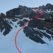 Detail: Zustieg mit Ski bis zu den Felsen bei ca. ca. 2700m, Einstieg durch das rechte Couloir, Ausstiegsrinne, Quergang durch die Felsen auf ca. 3020m, Firnfeld, Durchschlupf zwischen den Türmen 2 und 3