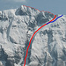 Letzter Blick von Salwideli zurück zum Briefehörnli: rot die Aufstiegs- und z.T. Abfahrtsroute durch das N-Couloir, über die N-Flanke und den W-Grat, blau die Einfahrt vom W-Grat in die N-Flanke