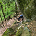 Wir tauchen wieder in den Wald ein und bald lädt in Sichtweite zum Pfad linkerhand oberhalb eine erste kleine Granitformation zum Hochkraxeln ein: auf einem Band am Sockel nach rechts herauf und ...