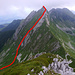 Blick vom Gipfelplateau des Gantrisch zurück zur Nüneneflue mit der steilen Abstiegsroute durch die NW-Flanke (Foto vom 7.8.2021)