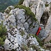 Der Abstiegsweg vom Gipfel in die Ostrinne. Von dort erfolgt der kleine Gegenanstieg um das Felsband zu erreichen (Pfeil).