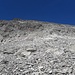 Das Schuttkar auf mittlerer Höhe der Flanke (ca. 2.700 Meter). Etwa bildmittig bin ich in die darüber liegende Steilstufe eingestiegen.