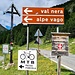 <b>La pista si sviluppa ai lati del Fiume Spöl, in un ambiente pregevole. Fino all’Alpe Campaccio (1950 m) non mi devo preoccupare delle auto, ma poco dopo devo percorrere un chilometro sulla strada principale del valico, a quest’ora, comunque, poco trafficata. Al bivio per la Val Nera e per l’Alpe Vago, a 1975 m di quota, un cartello mi indica il percorso per mtb che sale al passo su una sterrata. </b>