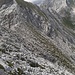 Rückblick vom Grat zur Forcolotta: Aus dieser Perspektive ist bei Vergrößerung recht gut eine feine Spur auszumachen, die (von der Bildmitte waagerecht nach links) auf den Grat hinaufzieht.