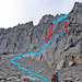 Rückblick zur Abseilpiste. Auf dem Bild Rechts konnten wir 10 Meter + 2 x 20 Meter abseilen (Rot = Abseilpisten).