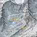 CNS de 1991 où l'on voit encore une partie du tracé du bisse (en rouge) et deux traces de sentier (en jaune).