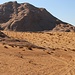 Tag 5 (24.10.) - وادي رم (Wādī Rum):<br /><br />Nach ewta 15km änderte sich die Farbe des Wüstensandes vom einem rötlichen zu einer eher gelblichockerfarbigem Aussehen. Hier ist auch plötzlich wieder etwas Vegatation vorhanden, so dass die Wüste hier stellenweise in eine Halbwüste übergeht. 