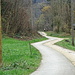 Wanderweg zweigeteilt, links Asphalt für die Velos, rechts Schotter für die Wanderer.
