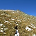 Der wenige Schnee liegt überwiegend auf dem in den Untergrund eingegrabenen Steig, weshalb ich oft daneben im Gras gehe.
